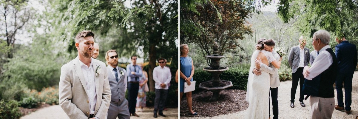 Wedding greetings at Redleaf Wollombi — Joshua Mikhaiel, documentary wedding photographer The bride and groom greet guests in a pair of garden moments. Photograph by documentary wedding photographer Joshua Mikhaiel.