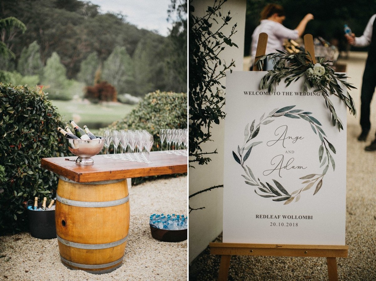 Wedding details at Redleaf Wollombi — Joshua Mikhaiel, documentary wedding photographer A drinks station and printed wedding sign appear in a collage. Photograph by documentary wedding photographer Joshua Mikhaiel.