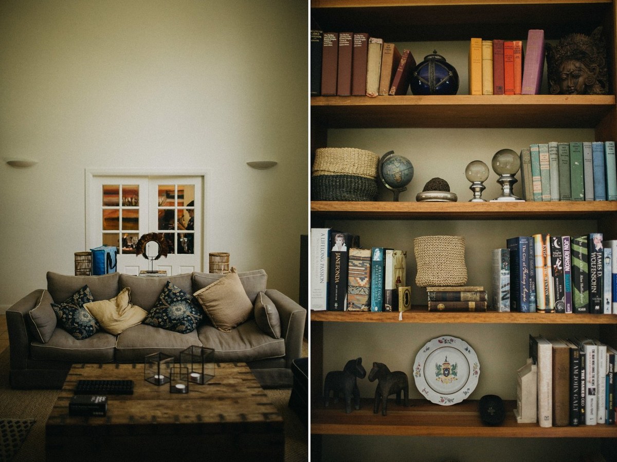 Redleaf Wollombi interiors — Joshua Mikhaiel, documentary wedding photographer A sitting room and shelves of books appear in a two-photo collage. Photograph by documentary wedding photographer Joshua Mikhaiel.