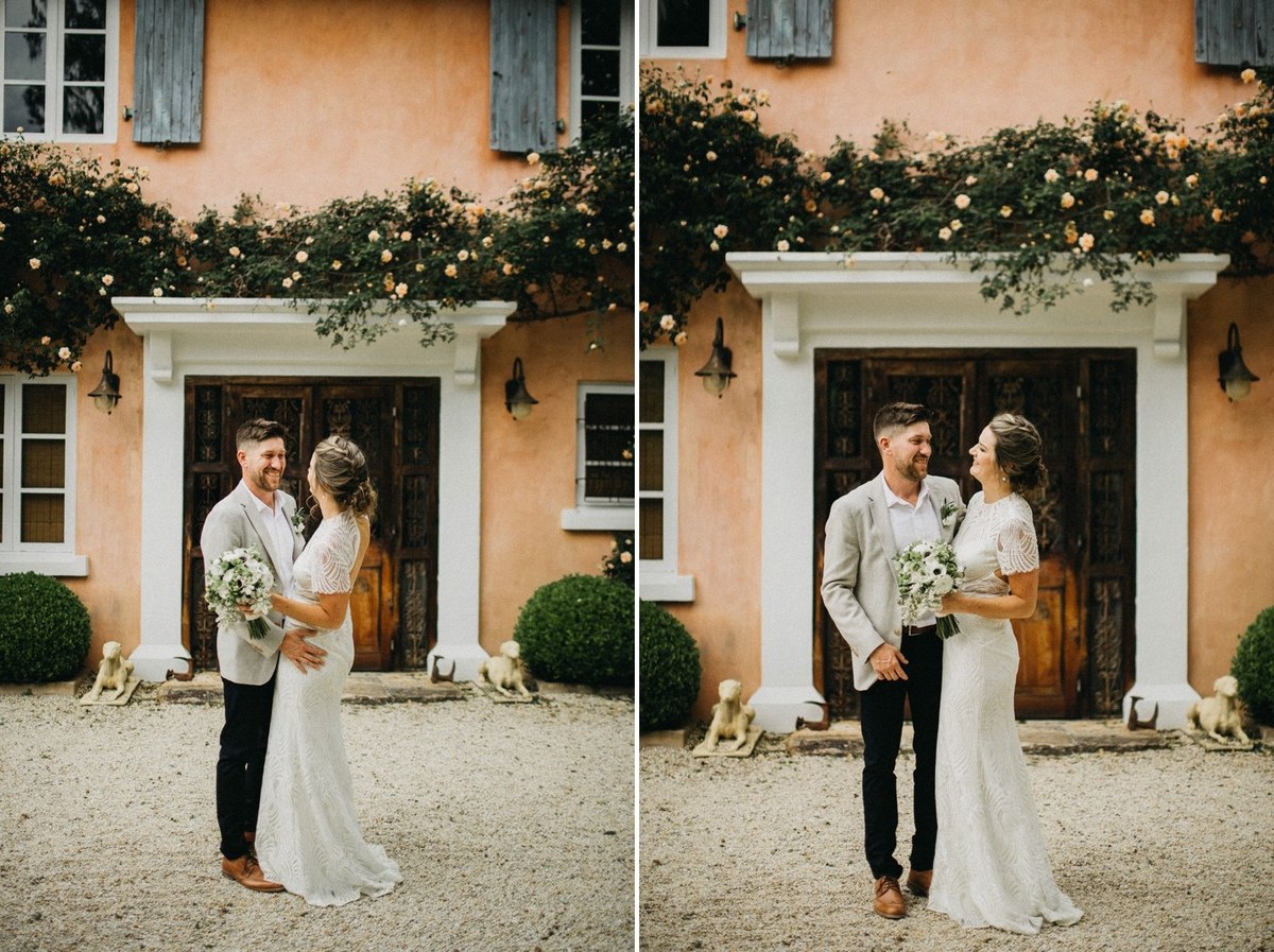 Couple portraits at Redleaf Wollombi — Joshua Mikhaiel, documentary wedding photographer The couple pose in front of the homestead in two portraits. Photograph by documentary wedding photographer Joshua Mikhaiel.