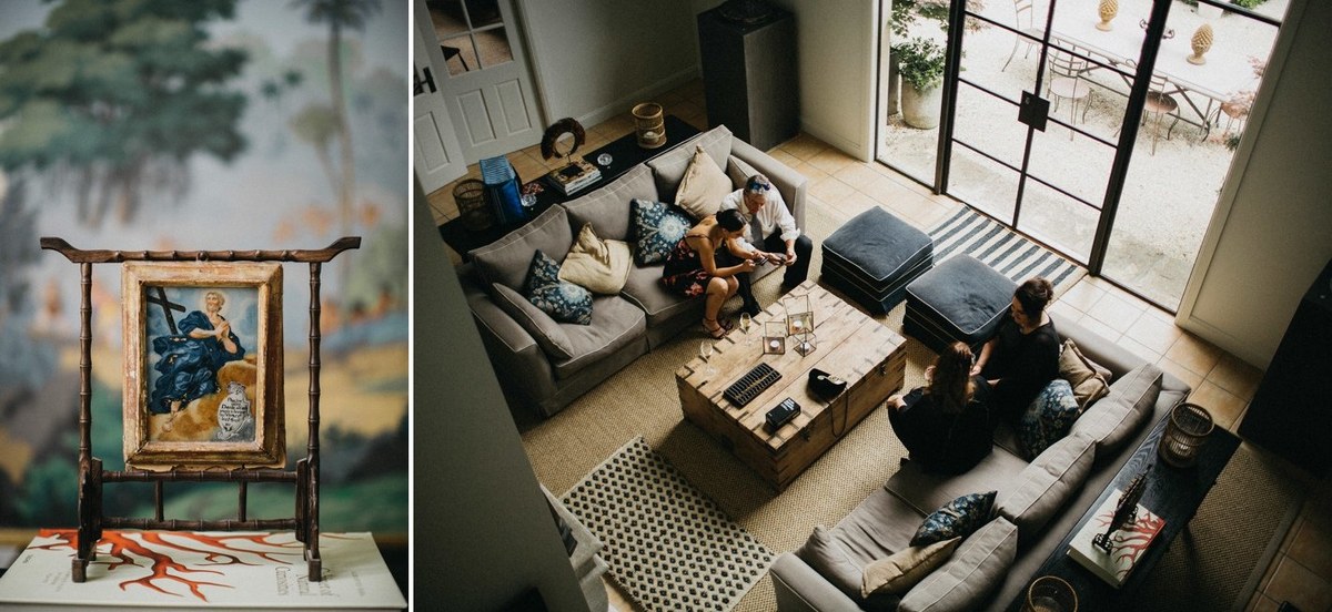 Redleaf Wollombi interiors — Joshua Mikhaiel, documentary wedding photographer A sitting room and library shelves are shown in a two-photo collage. Photograph by documentary wedding photographer Joshua Mikhaiel.