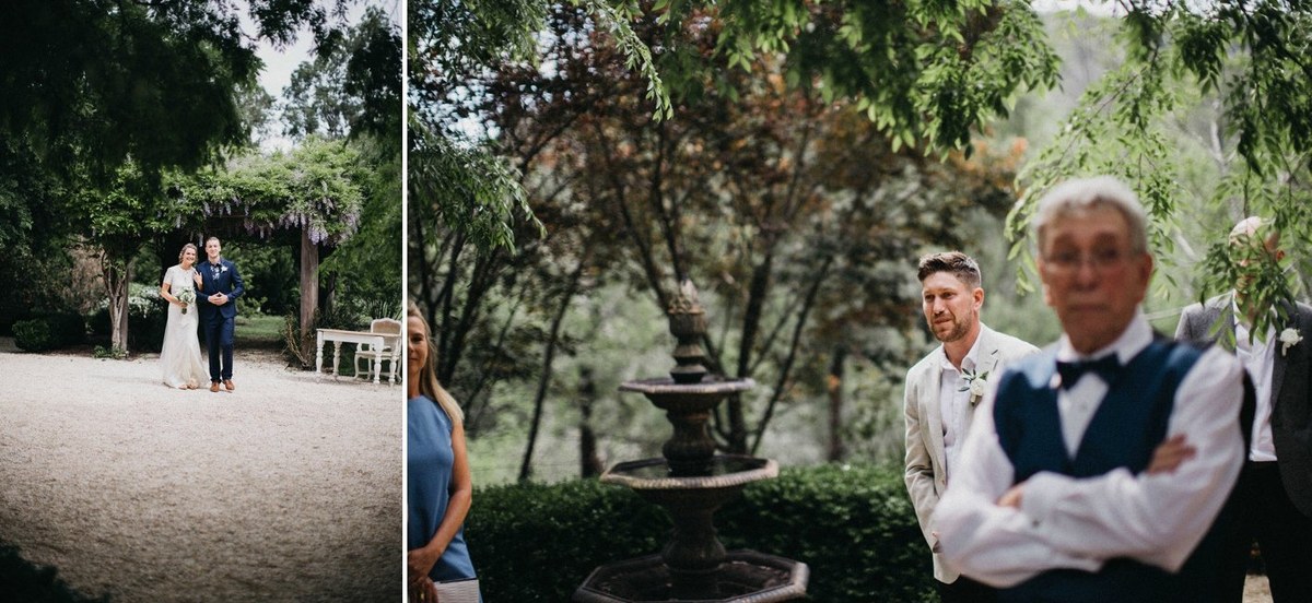 Couple at Redleaf Wollombi — Joshua Mikhaiel, documentary wedding photographer A couple stand beneath a leafy arch in the garden. Photograph by documentary wedding photographer Joshua Mikhaiel.