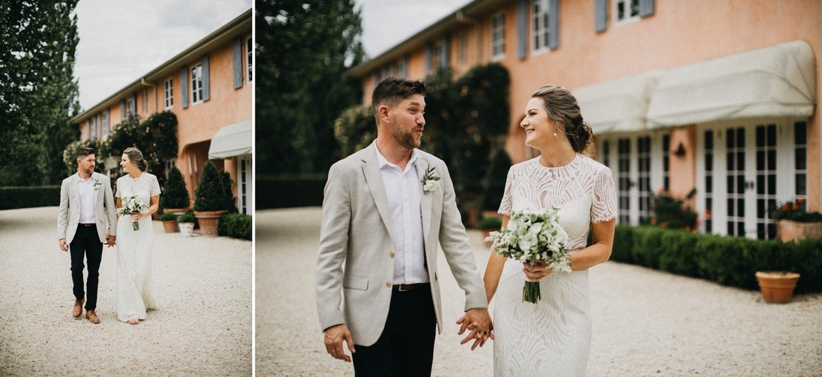 Newlyweds walking at Redleaf Wollombi — Joshua Mikhaiel, documentary wedding photographer The couple walk across the lawn in a two-photo collage. Photograph by documentary wedding photographer Joshua Mikhaiel.