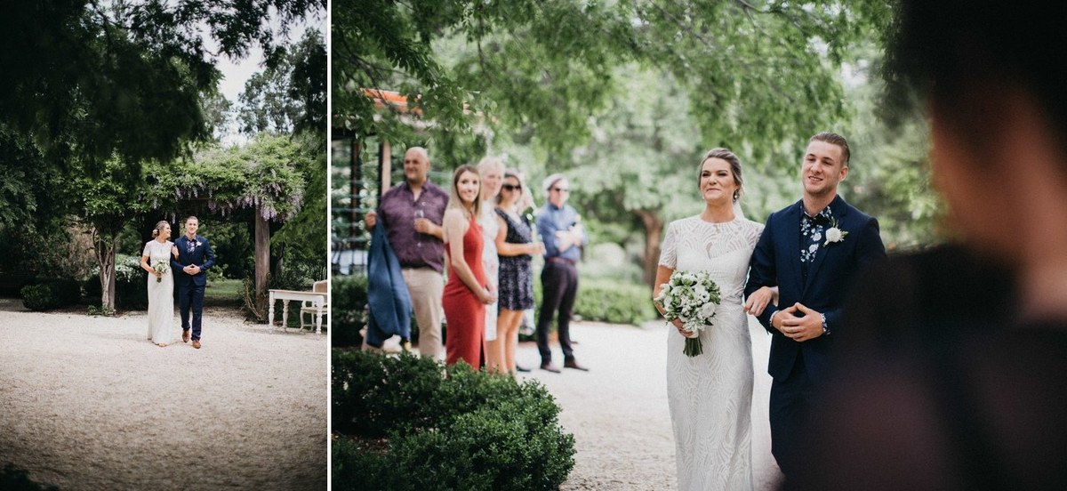 Bride arriving at Redleaf Wollombi — Joshua Mikhaiel, documentary wedding photographer The bride and her attendants approach along the garden path in a two-photo collage. Photograph by documentary wedding photographer Joshua Mikhaiel.