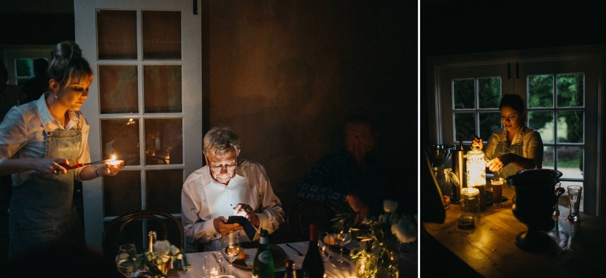 Wedding dinner at Redleaf Wollombi — Joshua Mikhaiel, documentary wedding photographer The bride and groom sit with guests at a candlelit table in two moments. Photograph by documentary wedding photographer Joshua Mikhaiel.