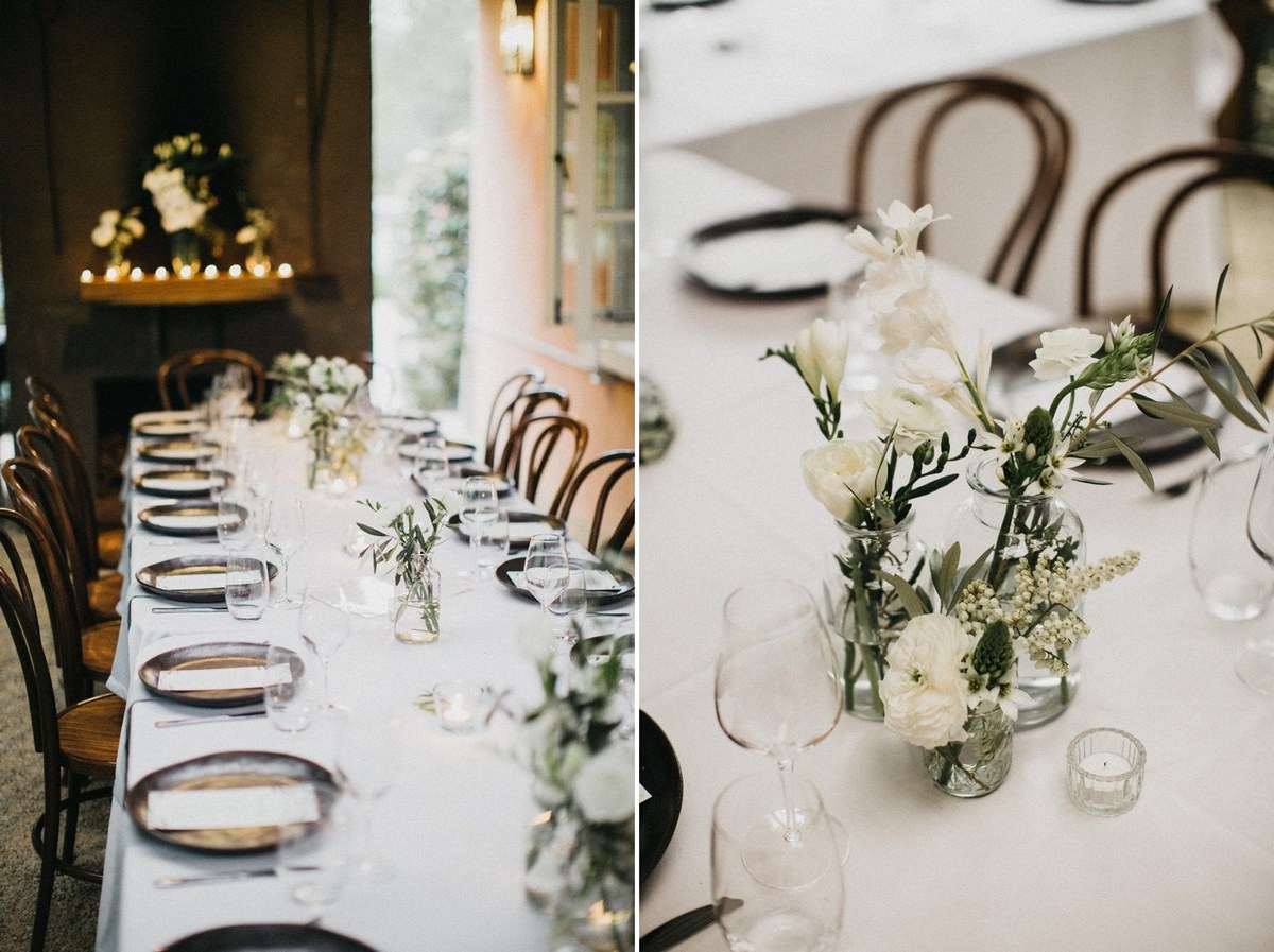 Reception details at Redleaf Wollombi — Joshua Mikhaiel, documentary wedding photographer Flowers and place settings decorate the reception tables in a collage. Photograph by documentary wedding photographer Joshua Mikhaiel.