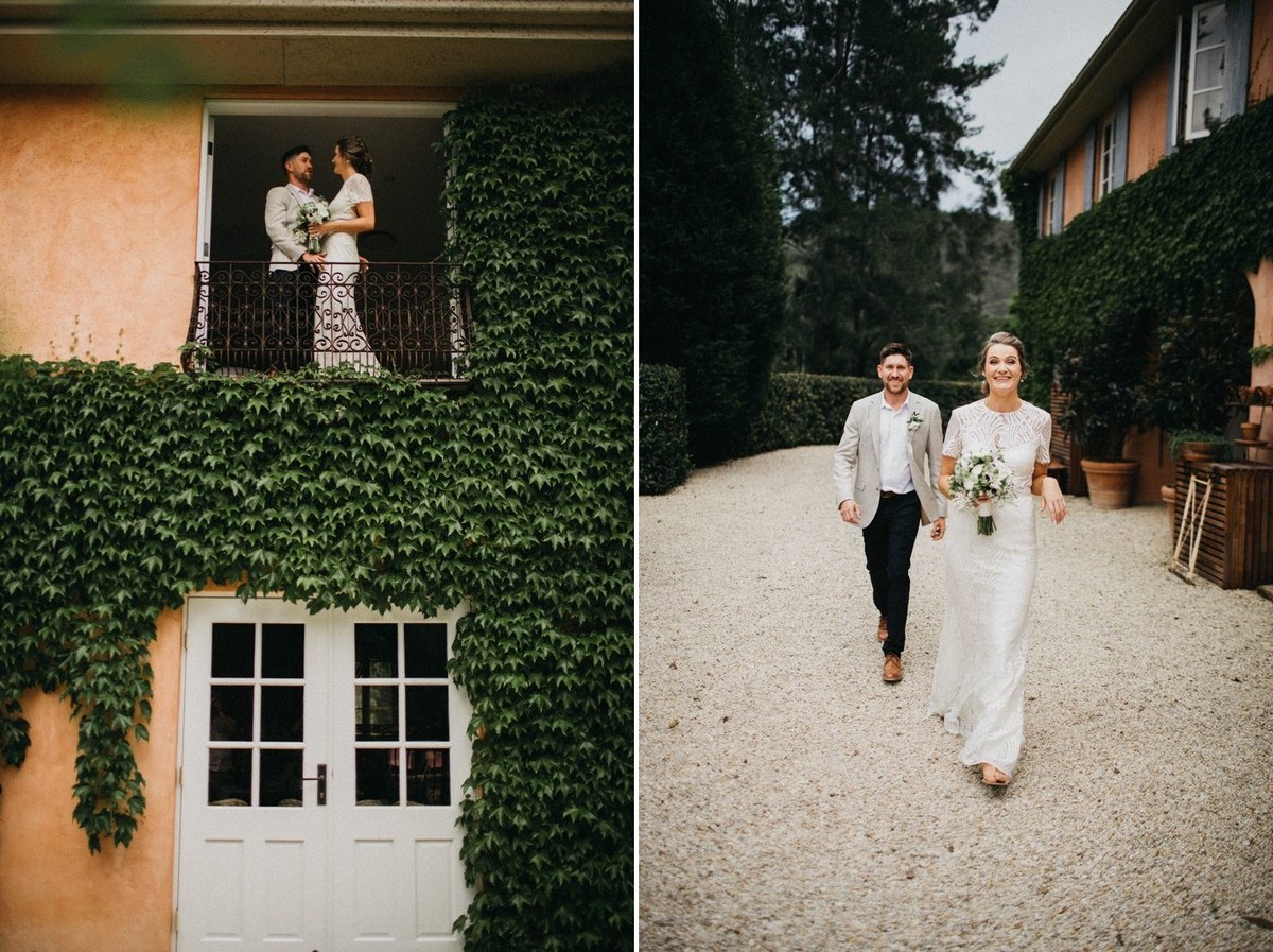 Couple portraits at Redleaf Wollombi — Joshua Mikhaiel, documentary wedding photographer The bride and groom stand together in a doorway and walk along the garden path. Photograph by documentary wedding photographer Joshua Mikhaiel.