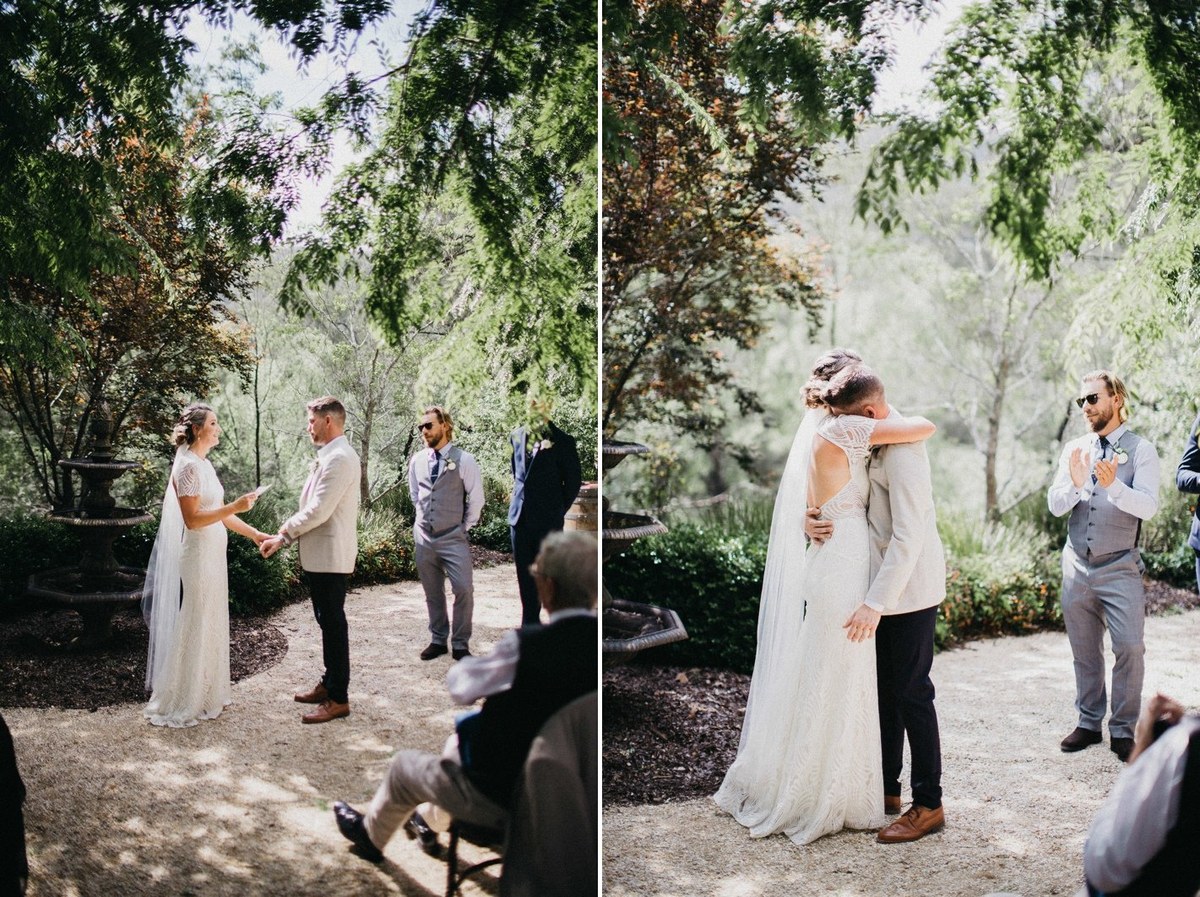 Ceremony at Redleaf Wollombi — Joshua Mikhaiel, documentary wedding photographer The bride and groom exchange vows beside the garden fountain. Photograph by documentary wedding photographer Joshua Mikhaiel.