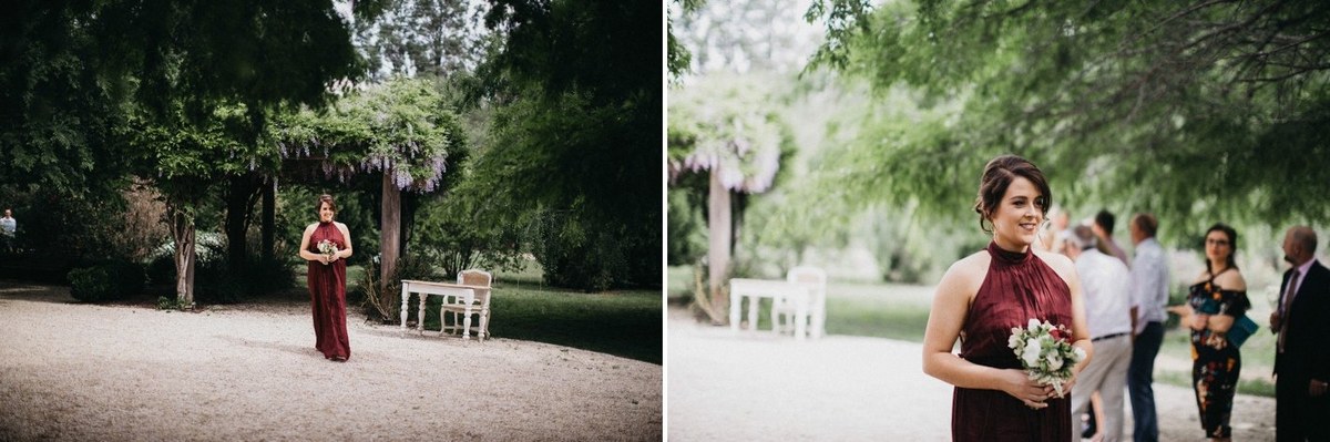 Garden ceremony setting at Redleaf Wollombi — Joshua Mikhaiel, documentary wedding photographer A garden arbor and ceremony table stand beneath the old tree. Photograph by documentary wedding photographer Joshua Mikhaiel.