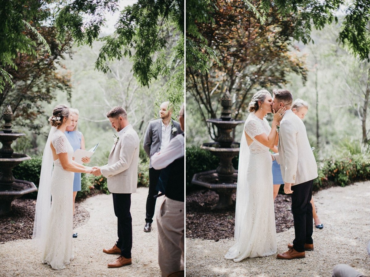 Wedding ceremony at Redleaf Wollombi — Joshua Mikhaiel, documentary wedding photographer The bride and groom exchange vows in a garden ceremony collage. Photograph by documentary wedding photographer Joshua Mikhaiel.