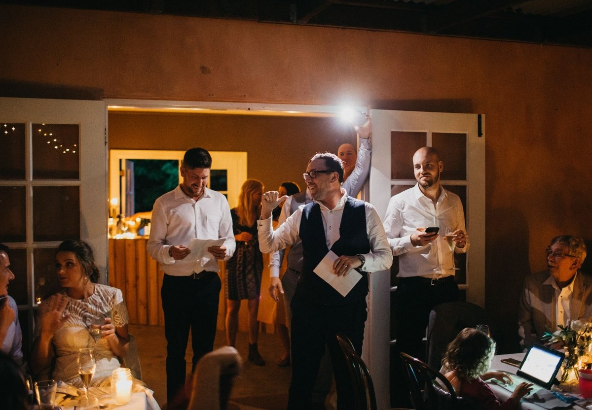 Speech at Redleaf Wollombi — Joshua Mikhaiel, documentary wedding photographer A guest addresses the room during the wedding reception. Photograph by documentary wedding photographer Joshua Mikhaiel.